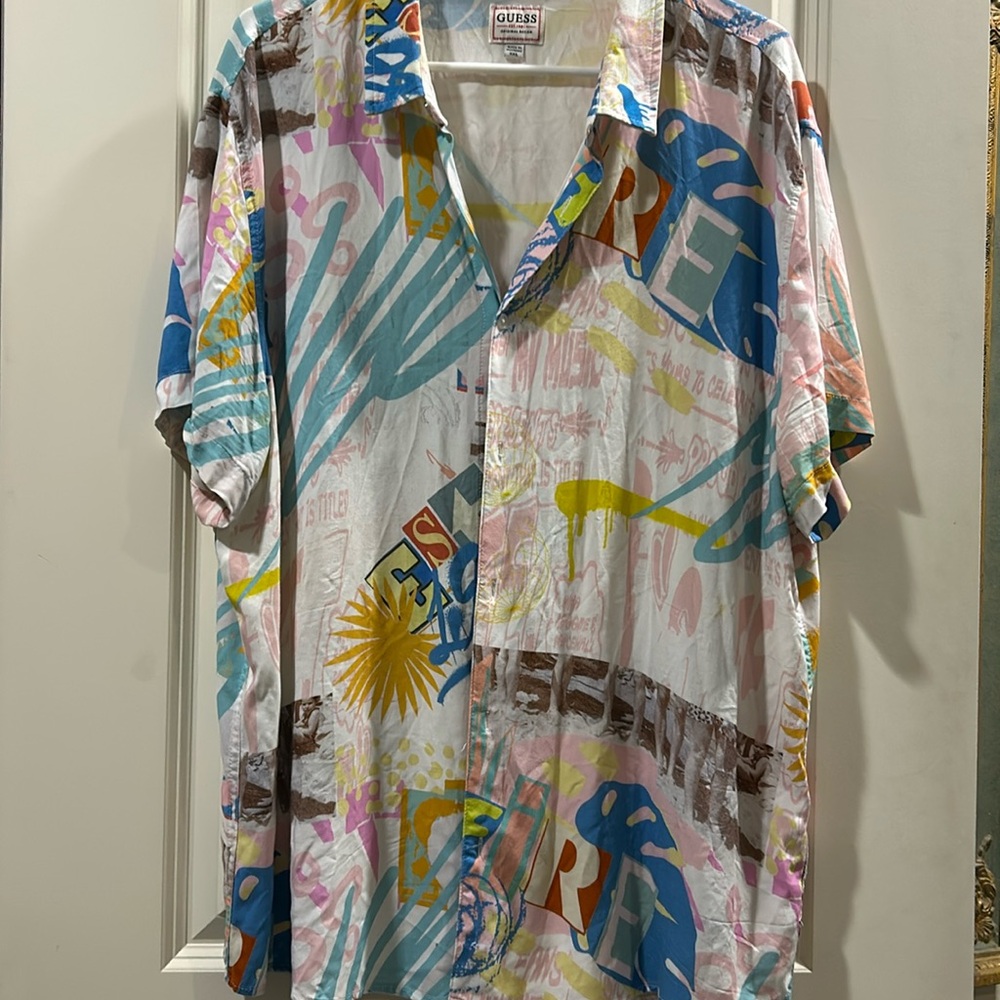 GUESS graphic button down rayon short sleeve party beach bbq shirt slim fit XXL